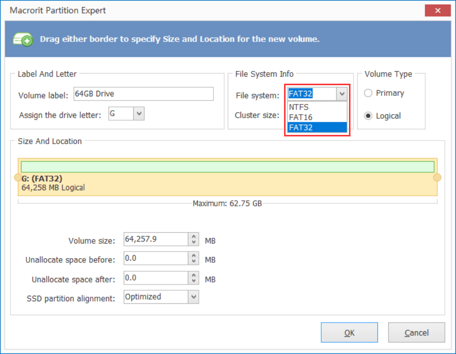 create a large FAT32 partition in Partition Expert
