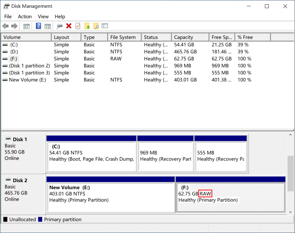 Disk Management RAW partition