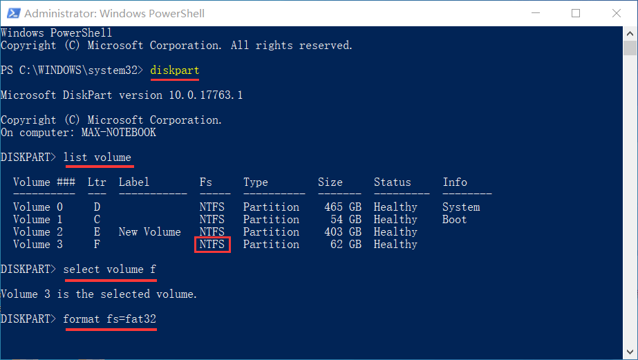 format 64GB FAT32 partition in PowerShell