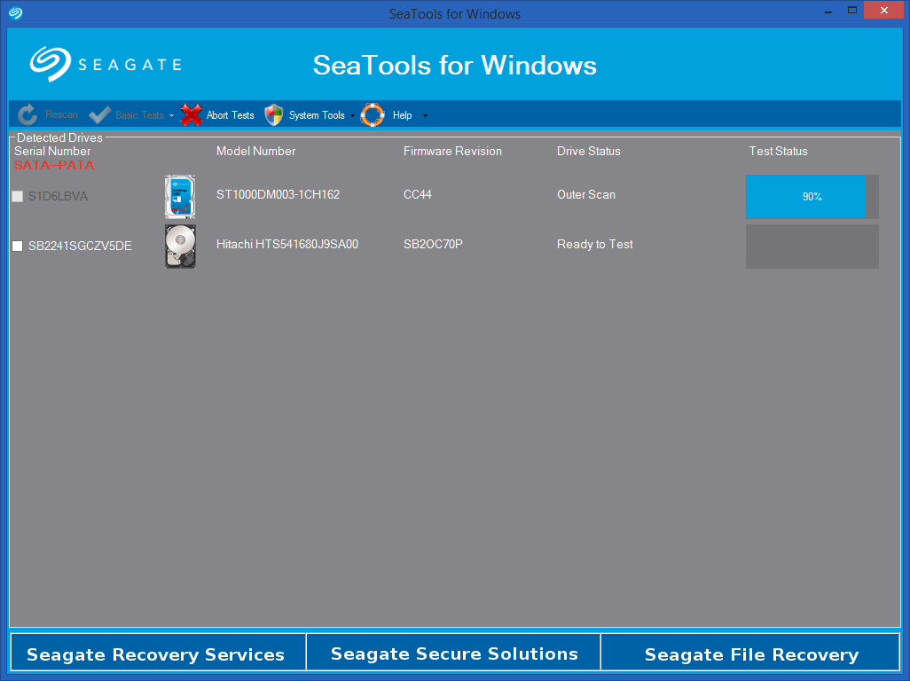 Seagate SeaTools for Windows main interface