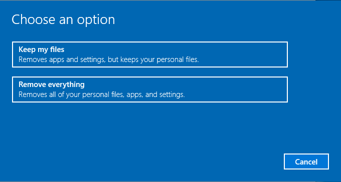 Choose an option to reset Windows