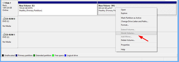 Shrink Volume function grayed out on a non-NTFS file system