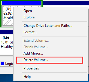delete volume in disk management