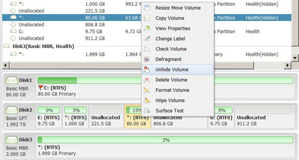 Hide volume option in disk map right-click menu