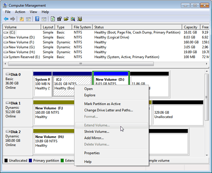Extend Voluem Greyed Out in Windows Server 2008 R2