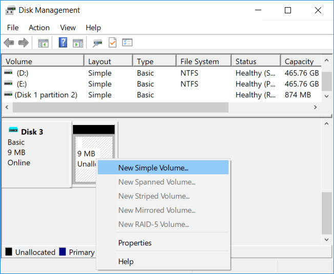 New simple volume function in Disk Management