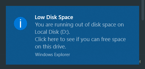 Win10 low disk space warning