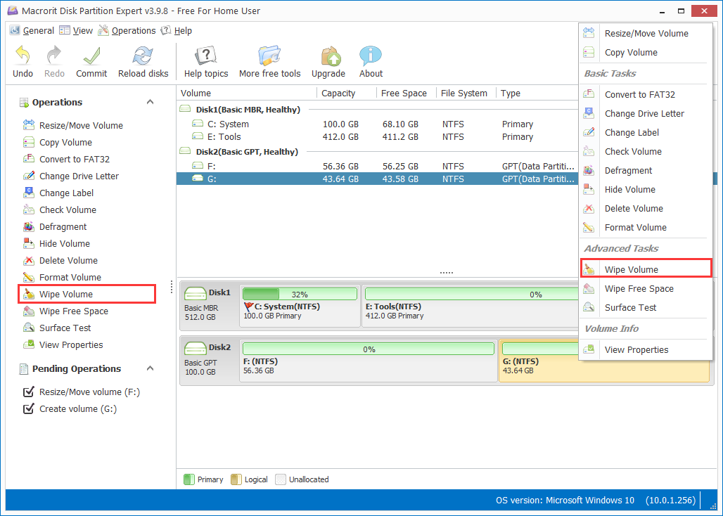 Wipe a volume in Partition Expert