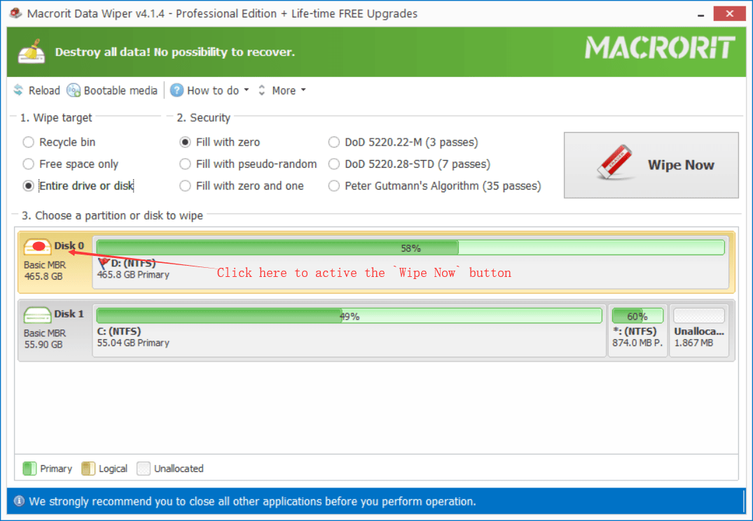 Click on a disk or partition to wipe